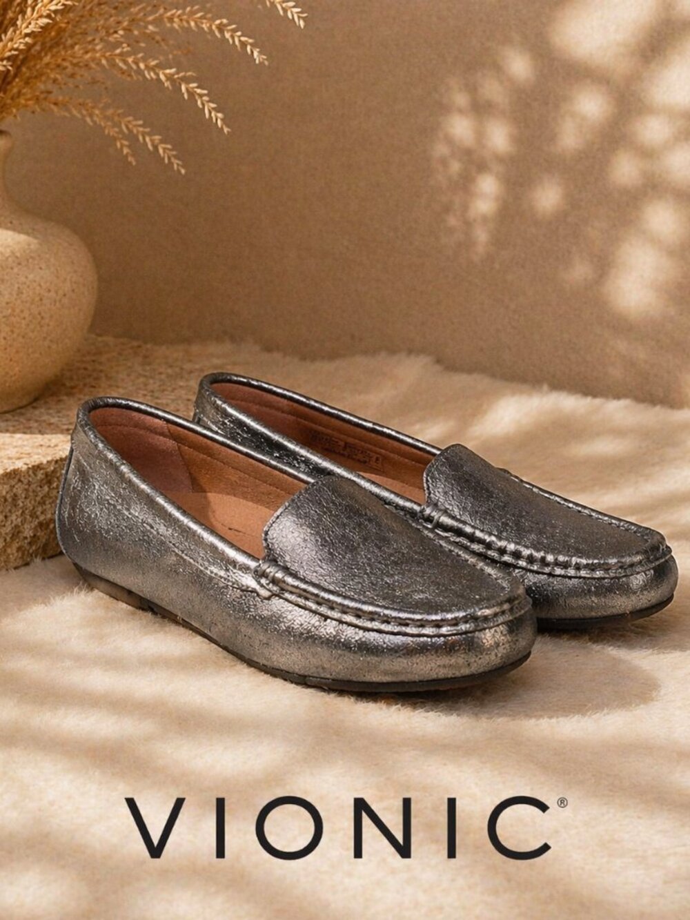Vionic Metallic Silver Leather Loafers